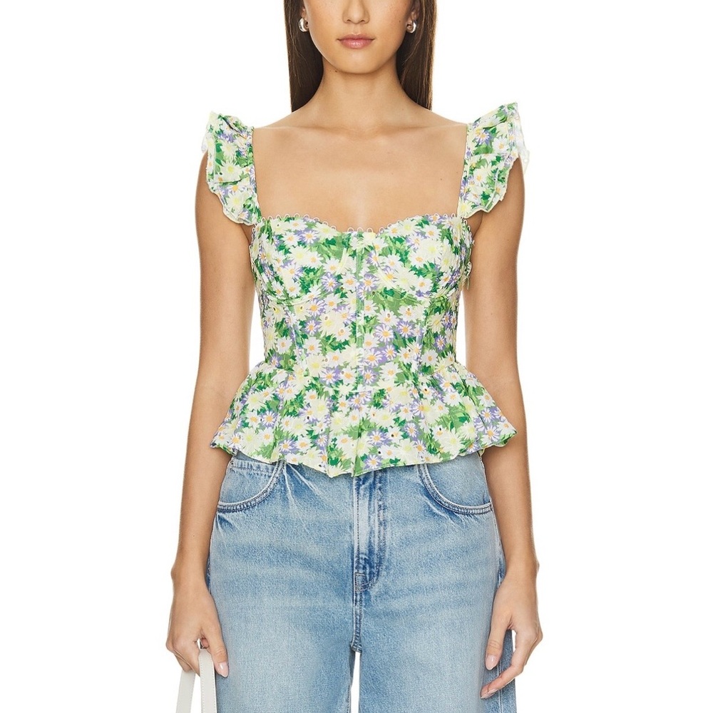 Astr Floral Ruffle Blouse in Green and White